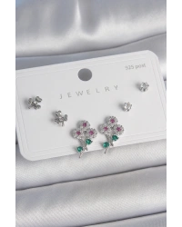 Pirinç Gümüş Renk Renkli Zirkon Taşlı Çiçek Model Yaprak Detay 925 Ayar Gümüş Çivi Kadın Küpe Seti