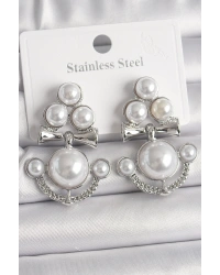 Pirinç Gümüş Renk Sallantı İncili Çapa Model Kadın Küpe