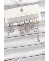 Pirinç Gümüş Renk Sallantı Kurdele Kuyruklu Yıldız Figür Pembe Kare Zirkon Taş Detay Kadın Küpe Seti