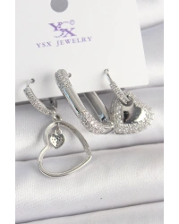 Pirinç Gümüş Renk Sallantı Zirkon Taşlı Kalp Model 3Lü Kadın Kombin Küpe