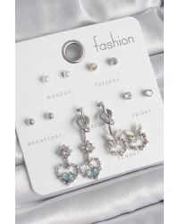 Pirinç Gümüş Renk Sallantı Zirkon Taşlı Kalp Model Düğüm Detay 7 Çift Kadın Küpe Seti