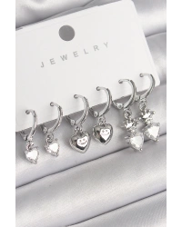 Pirinç Gümüş Renk Sallantı Zirkon Taşlı Kalp Model Taç Detay Kadın Küpe Seti