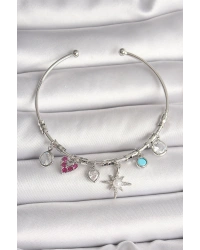 Pirinç Gümüş Renk Sallantı Zirkon Taşlı Kutup Yıldız Figür Kalp Detay Charm Kadın Bileklik