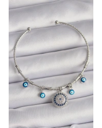 Pirinç Gümüş Renk Sallantı Zirkon Taşlı Nazar Boncuk Figür Charm Bileklik