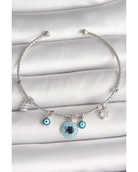 Pirinç Gümüş Renk Sallantı Zirkon Taşlı Nazar Boncuk Figür Charm Kadın Bileklik