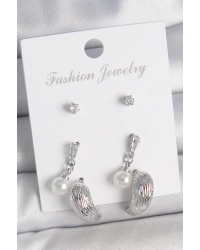 Pirinç Gümüş Renk Sallantılı Zirkon Taşlı Damla Model 3 Çift Kadın Küpe Seti