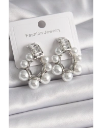 Pirinç Gümüş Renk Su Yolu Zirkon Taşlı İncili Halka Model Kadın Küpe