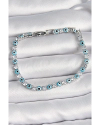 Pirinç Gümüş Renk Su Yolu Zirkon Taşlı Nazar Boncuklu Kadın Bileklik