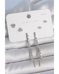 Pirinç Gümüş Renk Su Yolu Zirkon Taşlı Sallantı Model Çiçek Detay 925 Ayar Gümüş Çivi Kadın Küpe Seti