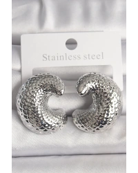 Pirinç Gümüş Renk Yılan Sırtı İşlemeli Yarım Halka Model Kadın Küpe