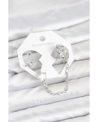 Pirinç Gümüş Renk Yıldız Model Zincir Bağlantılı Ear Cuff Küpe Seti