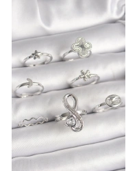 Pirinç Gümüş Renk Yonca Figür Sonsuzluk Zirkon Taşlı Kalp Detay Kadın Yüzük Kombini