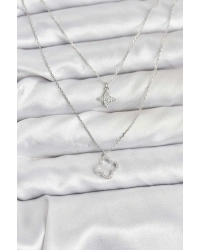 Pirinç Gümüş Renk Yonca Model 2li Kadın Kolye