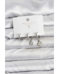 Pirinç Gümüş Renk Yonca Model 3lü Kadın Küpe Seti