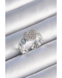 Pirinç Gümüş Renk Zincir Kordon Zirkon Taşlı Kalp Model Kadın Yüzük