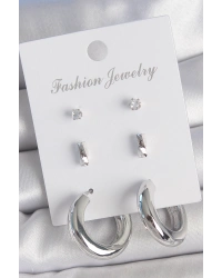 Pirinç Gümüş Renk Zirkon Taş Detay Halka Model 3 Çift Kadın Küpe Seti