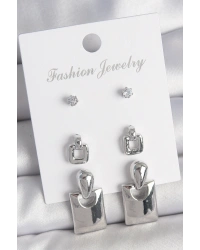 Pirinç Gümüş Renk Zirkon Taş Detay Sallantılı Kare Model 3 Çift Kadın Küpe Seti