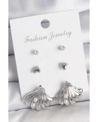 Pirinç Gümüş Renk Zirkon Taş Detaylı İnci Detaylı Deniz Kabuğu Model 3 Çift Kadın Küpe