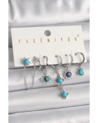 Pirinç Gümüş Renk Zirkon Taş Detaylı Mavi Boncuklu Çiçek Model VIP Seri Kadın Küpe Kombini