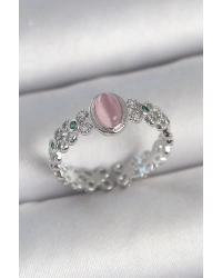 Pirinç Gümüş Renk Zirkon Taş Detaylı Pembe Mineli Damla Model Ayarlanabilir Kadın Yüzük