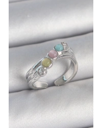 Pirinç Gümüş Renk Zirkon Taş Detaylı Renkli Mineli Ayarlanabilir Kadın Yüzük