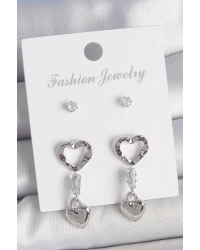 Pirinç Gümüş Renk Zirkon Taş Detaylı Sallantı Model 2 Çift Kadın Küpe Seti