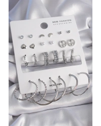 Pirinç Gümüş Renk Zirkon Taşlı 12 Çift Kadın Küpe Seti