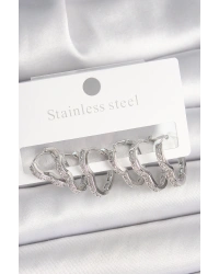 Pirinç Gümüş Renk Zirkon Taşlı 3 Çift Kalp Model Kadın Küpe