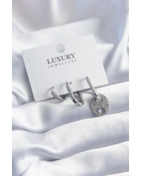 Pirinç Gümüş Renk Zirkon Taşlı 3lü Kadın Küpe Seti