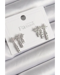 Pirinç Gümüş Renk Zirkon Taşlı 3Lü Sallantı Yıldız Model Kadın Küpe