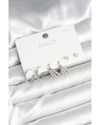 Pirinç Gümüş Renk Zirkon Taşlı 925 Gümüş Çivili Kadın Küpe Seti