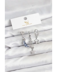 Pirinç Gümüş Renk Zirkon Taşlı Ay ve Yıldız Model YSX Trio Küpe Seti