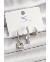 Pirinç Gümüş Renk Zirkon Taşlı Baget Halka Model 3Lü Kadın Kombin Küpe