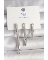 Pirinç Gümüş Renk Zirkon Taşlı Bambu Model 3Lü Kadın Kombin Küpe