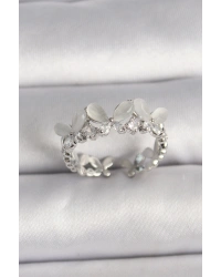 Pirinç Gümüş Renk Zirkon Taşlı Beyaz Mineli Kelebek Model Ayarlanabilir Yüzük