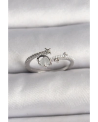 Pirinç Gümüş Renk Zirkon Taşlı Beyaz Mineli Yıldız Detay Ayarlanabilir Kadın Yüzük