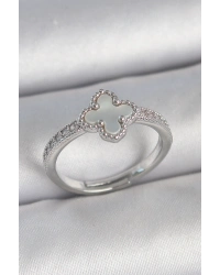 Pirinç Gümüş Renk Zirkon Taşlı Beyaz Mineli Yonca Model Ayarlanabilir Kadın Yüzük