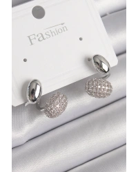 Pirinç Gümüş Renk Zirkon Taşlı Bombeli Model Kadın Küpe