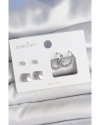 Pirinç Gümüş Renk Zirkon Taşlı Burgu Halka Model Kare Detay 3 Çift Kadın Küpe Seti