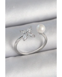 Pirinç Gümüş Renk Zirkon Taşlı Çiçek Model İnci Detay Ayarlanabilir Kadın Yüzük