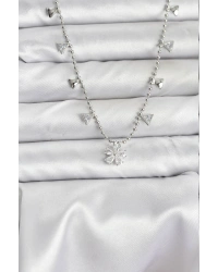 Pirinç Gümüş Renk Zirkon Taşlı Çiçek Model Kadın Kolye