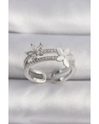 Pirinç Gümüş Renk Zirkon Taşlı Çiçek Model VIP Seri Kadın Yüzük