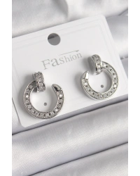 Pirinç Gümüş Renk Zirkon Taşlı Çivi Halka Model Kadın Küpe