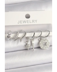 Pirinç Gümüş Renk Zirkon Taşlı Çoklu Figür Kadın Küpe Seti