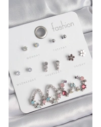 Pirinç Gümüş Renk Zirkon Taşlı Damla Model Çiçek Detay 7 Çift Kadın Küpe Seti