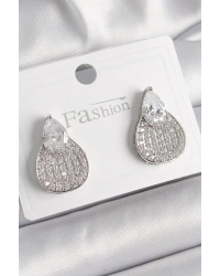 Pirinç Gümüş Renk Zirkon Taşlı Damla Model Kadın Küpe