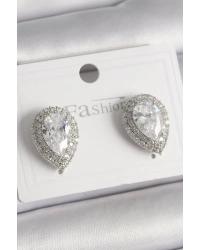 Pirinç Gümüş Renk Zirkon Taşlı Damla Model Kadın Küpe