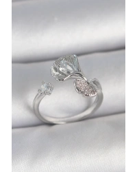 Pirinç Gümüş Renk Zirkon Taşlı Deniz Kabuğu Model Ayarlanabilir Kadın Yüzük