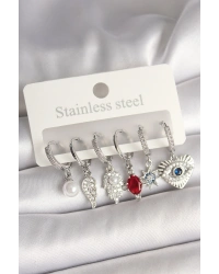 Pirinç Gümüş Renk Zirkon Taşlı Fatma Ana El Figür Kadın Küpe Seti