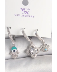 Pirinç Gümüş Renk Zirkon Taşlı Fatma Ana Yonca Figür Göz Detay 3Lü Kadın Kombin Küpe